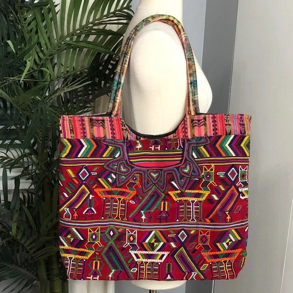 Guatemalan Colorful Geometric embroidery Tote Bag - Picture 7 of 15